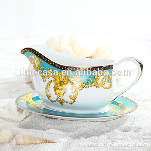 430CC Luxury Fine Hyper White Porcelain Gravy Boat with Saucer of Sea Goddness